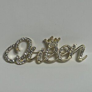 "Queen" Script Gold-Tone Sparkling Rhinestone Detailed Crown Brooch Pin 1"x1.75"
